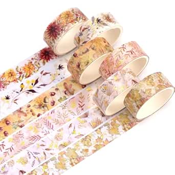 YUBBAEX 6 Rolls Floral Gold Washi Tape Set Silver Foil Masking Tape Decorative for Arts, DIY Crafts, Bullet Journal Supplies, Planners, Scrapbook, Card/Gift Wrapping (Autumn Leaves)