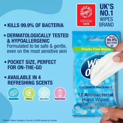 Wet Ones Be Fresh 12 Antibacterial Hand & Body Wipes Refreshing Cucumber Fragrance