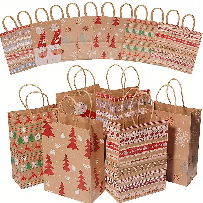 12pcs Festive Kraft Paper Gift Bags with Handles, Assorted Cartoon Christmas Designs for Holiday Party Favors and Presents