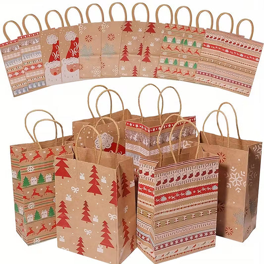 12pcs Festive Kraft Paper Gift Bags with Handles, Assorted Cartoon Christmas Designs for Holiday Party Favors and Presents