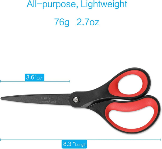 LIVINGO 2 Pack 8" Titanium Non-Stick Scissors, Professional Stainless Steel Comfort Grip, All-Purpose, Straight Office Stationery Craft Paper Fabric Household Sharp Shears Set for DIY(Red/Black)