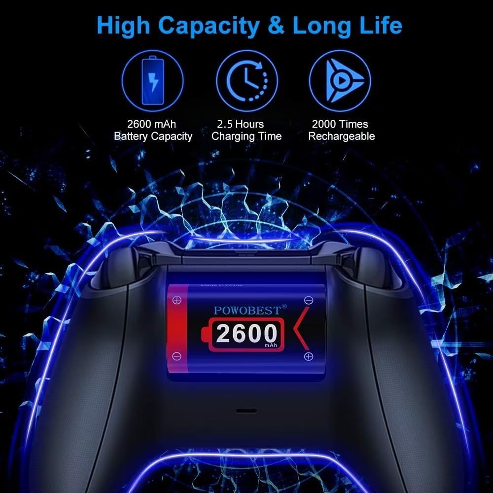 POWOBEST 2 * 6240mWh (2x2600mAh) Controller Battery Pack for Xbox Series X/S, Xbox One, Large Capacity Controller Battery Pack with LED Indicator