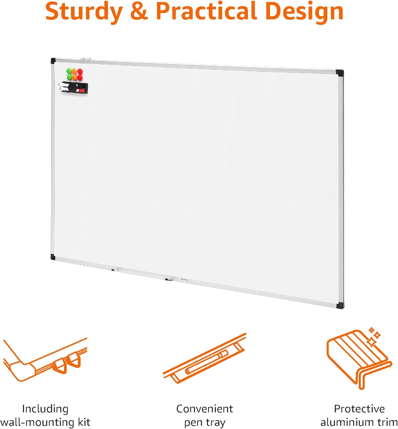 Amazon Basics Whiteboard Drywipe Magnetic with Pen Tray and Aluminium Trim, 150 cm x 100 cm (WxH)