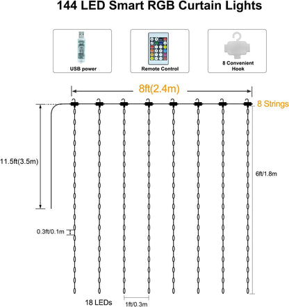 ZAIYW 144 LED Intelligent Light Curtain RGB 5050 with Integrated Chip, 2.4M x 1.8M Curtain Fairy Lights Remote Control and APP Control, Fairy Lights Curtain Indoor for Background Terrace Bedroom [Energy Class C]