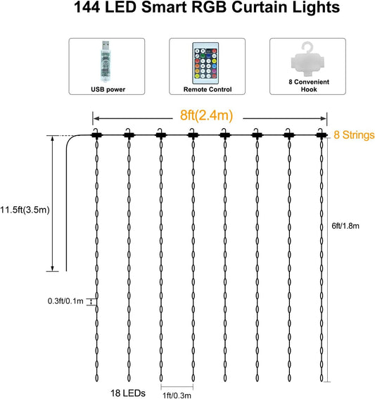 ZAIYW 144 LED Intelligent Light Curtain RGB 5050 with Integrated Chip, 2.4M x 1.8M Curtain Fairy Lights Remote Control and APP Control, Fairy Lights Curtain Indoor for Background Terrace Bedroom [Energy Class C]