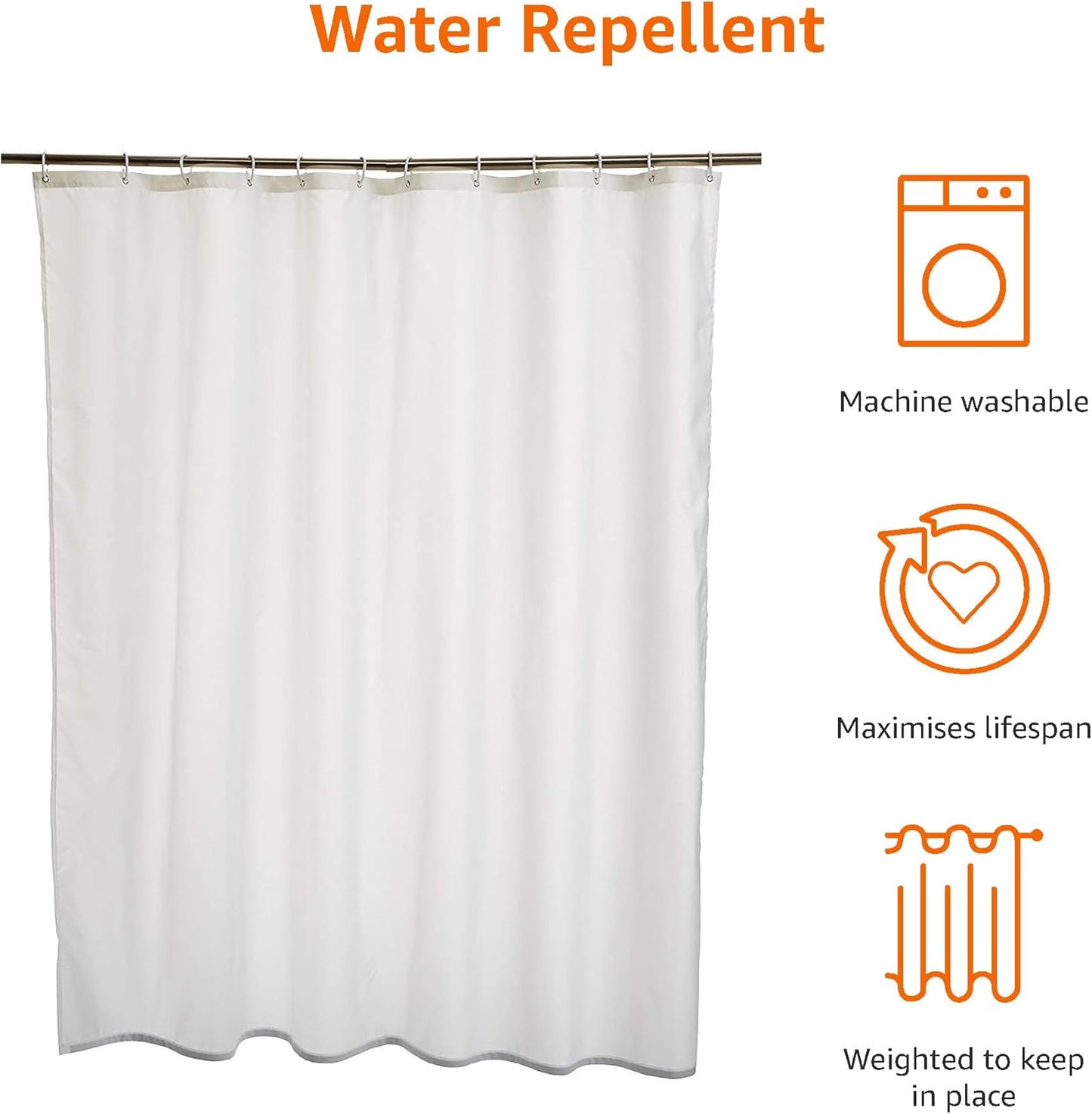 Basics Shower Curtain, Water and Mould Resistant Fabric Bathroom Curtain with Grommets & Hooks, Machine Washable,  White