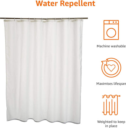 Basics Shower Curtain, Water and Mould Resistant Fabric Bathroom Curtain with Grommets & Hooks, Machine Washable,  White