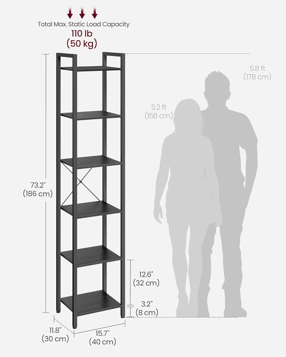 VASAGLE 6-Tier Industrial Bookshelf – Tall Ebony Black Metal Bookcase for Living Room, Office, Bedroom, Study – 30 x 40 x 187.5 cm