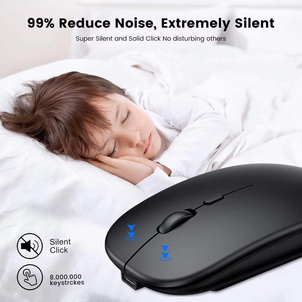 HORNBILL Wireless Mouse Rechargable, Upgraded, Ultra Slim Silent 2.4G Cordless Mouse 1600 DPI with USB Receiver for Laptop PC Computer Mac Tablet, Battery Level Visible, Black