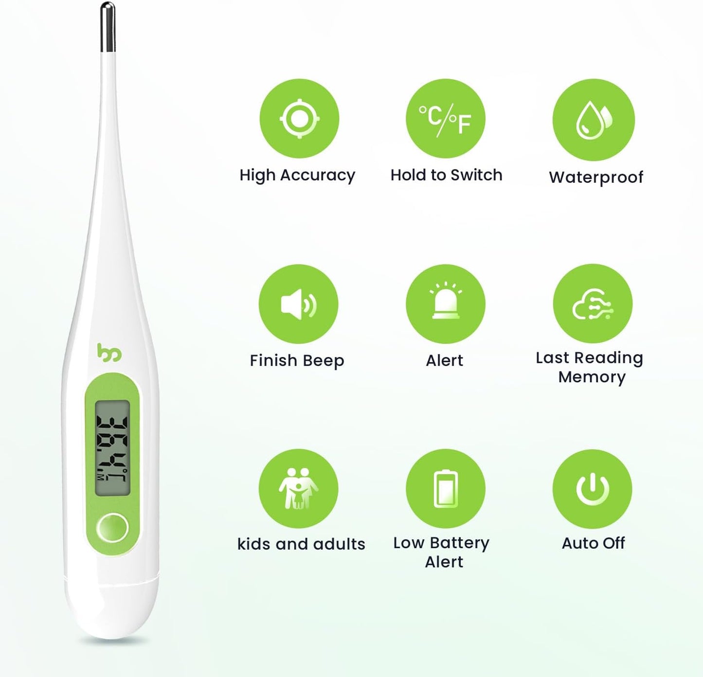 Digital Oral Thermometer for Adults & Kids – Fast, Accurate & Fever Indicator - Green