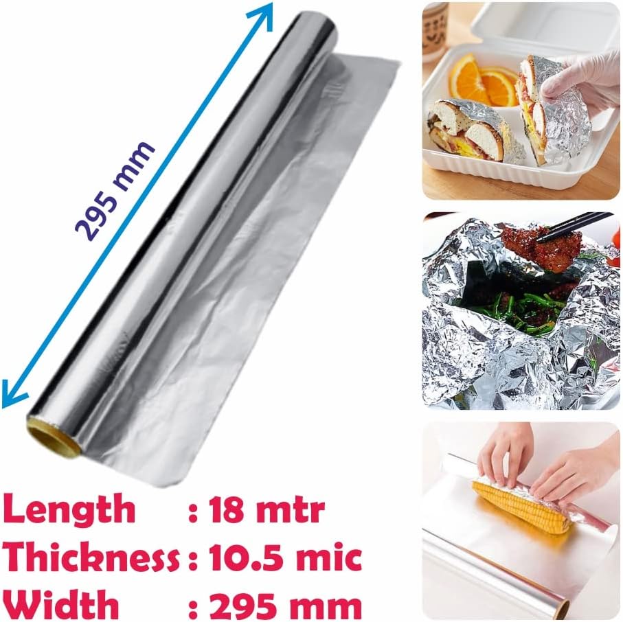 FotoStation 1 Roll of 18M Aluminium Foil Paper 10.5 Micron Heavy-Duty Kitchen Foil 295mm x 18m Tin Foil Wrapping Paper Foil Wrap Food Service & Catering Foil Perfect for Grilling Baking Roasting
