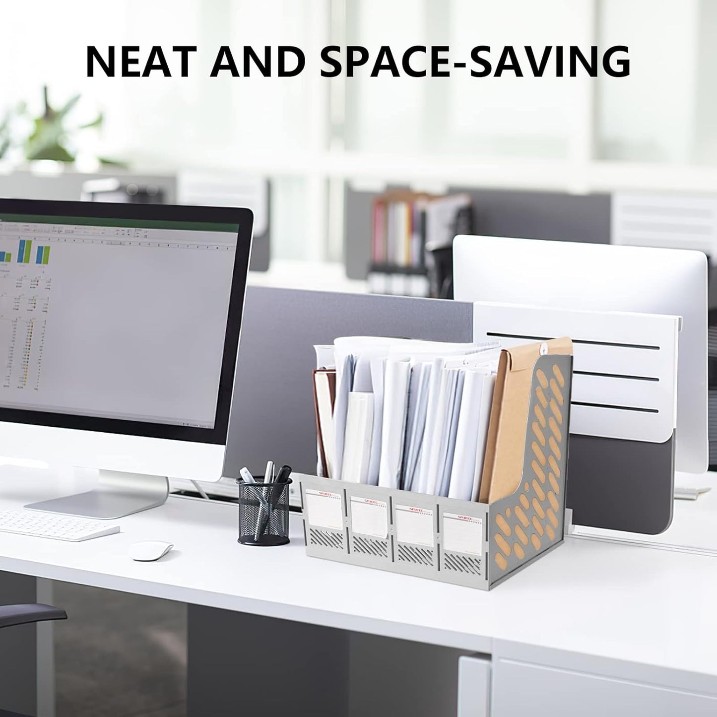 KXF Plastic A4 File Organiser Desktop Office Organizer Documents Magazines Holder Office Desk Storage Kitchen Organiser Rack Dividers 4 Compartments File Frame Cabinet Home School Folder Bookshelf