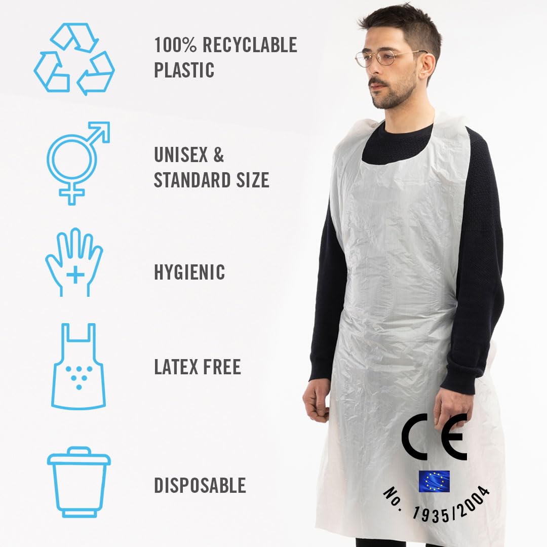 Areso | Disposable Plastic Aprons for Adults Pack of 100 units, Waterproof and Durable White Apron on a roll for Kitchen or Cleaners