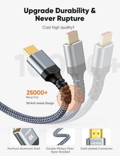 10K 8K HDMI Cable 2M Certified, Snowkids HDMI 2.1 Cable Ultra HD High Speed 48Gbps, 8K@60Hz 4K@120Hz HDMI Lead eARC HDR10 HDCP 2.2/2.3, Compatible for PS5/4 for X-box/HDTV/Blu-ray