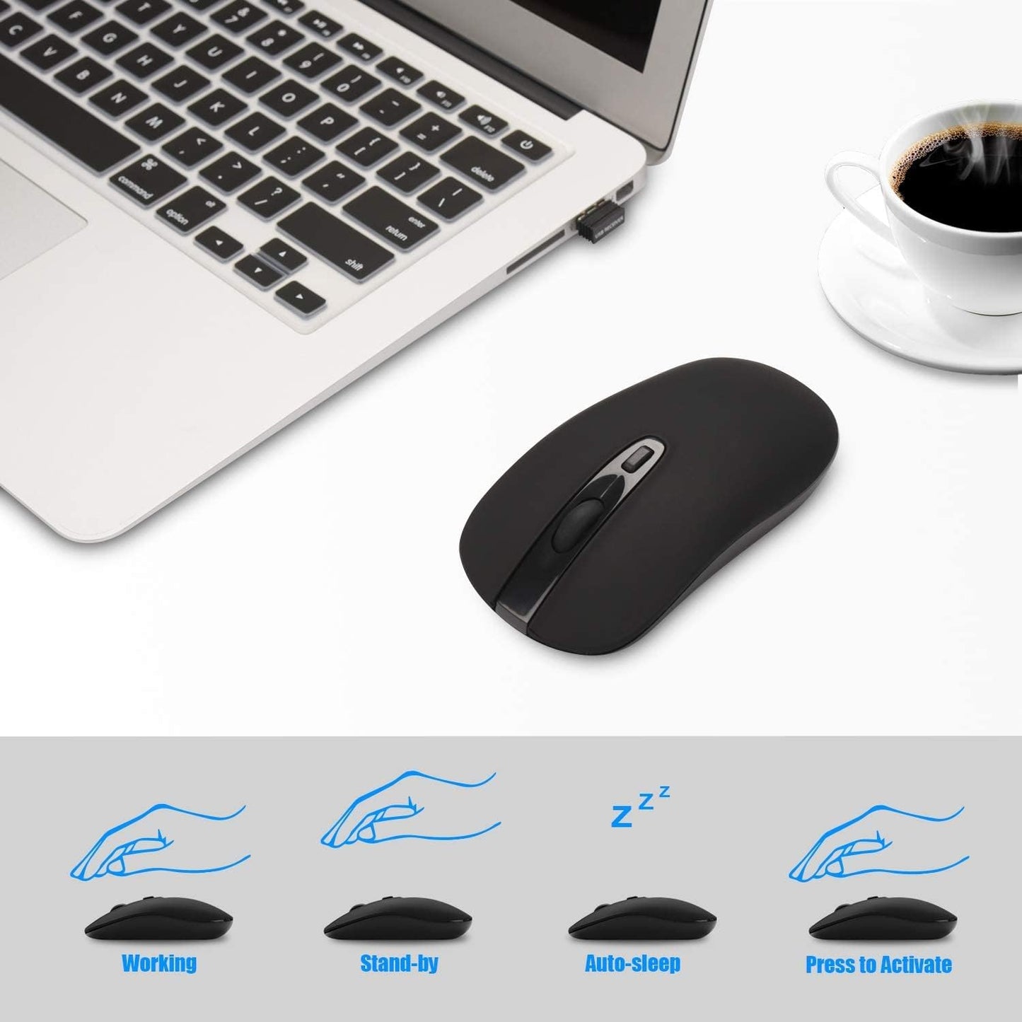 Wireless Mouse, 2.4G Slim Portable Wireless Mouse for Laptop Silent Mouse Ergonomic Cordless Design with USB Nano Receiver Compatible with PC Mac Computer Macbook Notebook (Black)