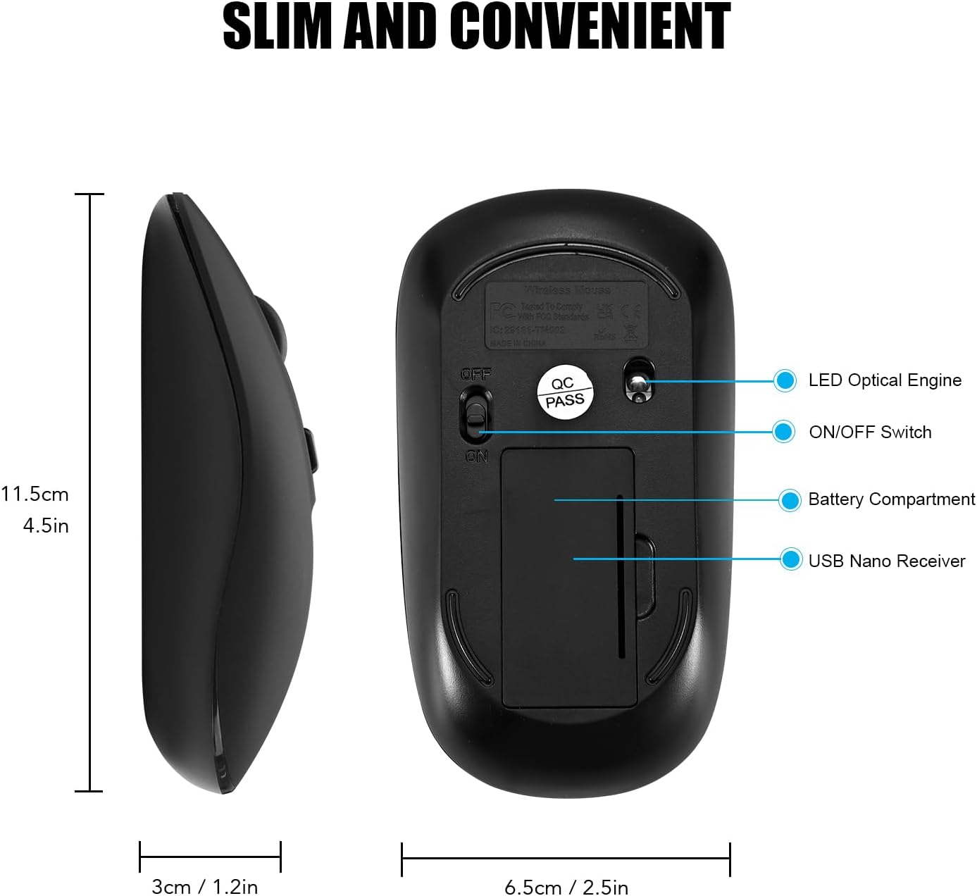 Wireless Mouse, 2.4G Slim Portable Wireless Mouse for Laptop Silent Mouse Ergonomic Cordless Design with USB Nano Receiver Compatible with PC Mac Computer Macbook Notebook (Black)
