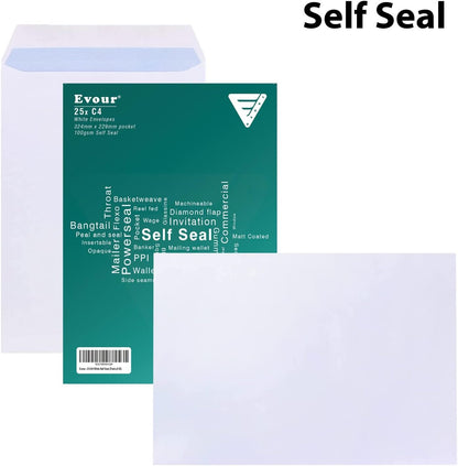 Evour A4/C4 Self-Seal White Pocket Envelopes – 229 x 324 mm, 100 GSM, Windowless – Pack of 25 for Home, Office, and Business Use