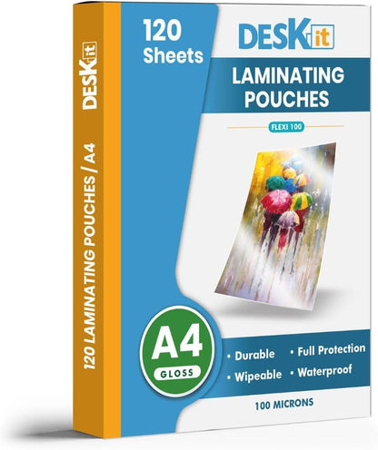 Deskit A4 Laminating Pouches – 120 Glossy Sheets, 100 Micron Clear & Durable Finish