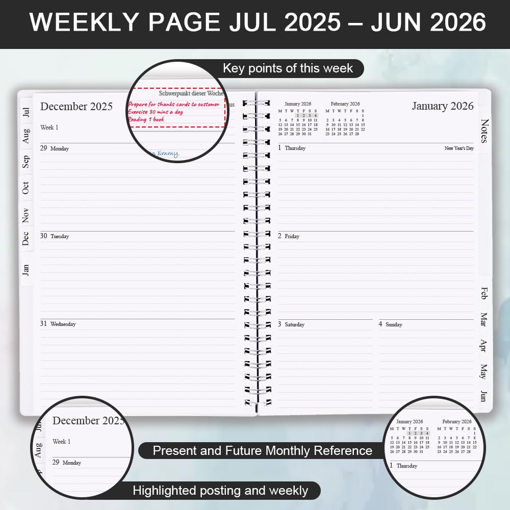 2025-2026 Diary, A5 Weekly Planner with Monthly Tabs, July 2025 - June 2026, Back Pocket, Planner 2025-2026 with Elastic Closure, Flexible Cover, 14.8×21cm, Black