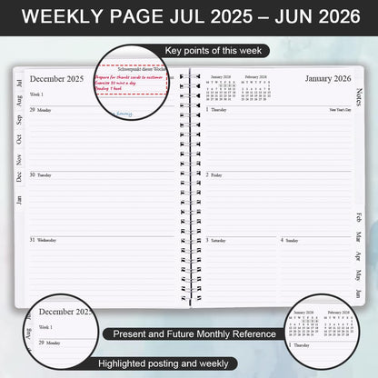 2025-2026 Diary, A5 Weekly Planner with Monthly Tabs, July 2025 - June 2026, Back Pocket, Planner 2025-2026 with Elastic Closure, Flexible Cover, 14.8×21cm, Black