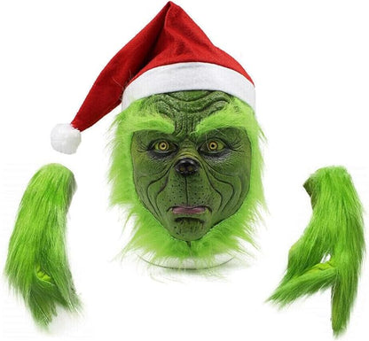 Grinch Mask, Grinch Christmas Decorations, Christmas Mask With Red Hat and Gloves Anime Cosplay, Grinch Costume for Halloween Xmas Funny Carnival Party Full Face Latex Costume Props
