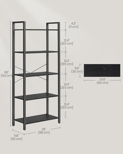VASAGLE 5-Tier Industrial Bookshelf – Modern Bookcase for Office, Living Room, Bedroom – Ebony & Ink Black Shelving Unit, 30x66x153 cm, Durable & Stylish Storage