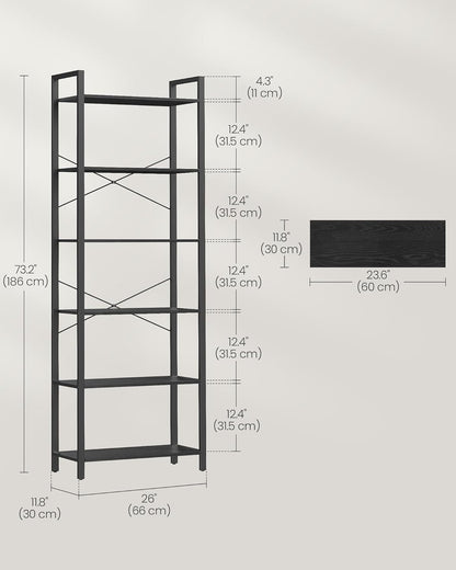 VASAGLE 6-Tier Industrial Bookshelf – Ebony Black Metal Bookcase for Home & Office 30 x 66 x 186 cm