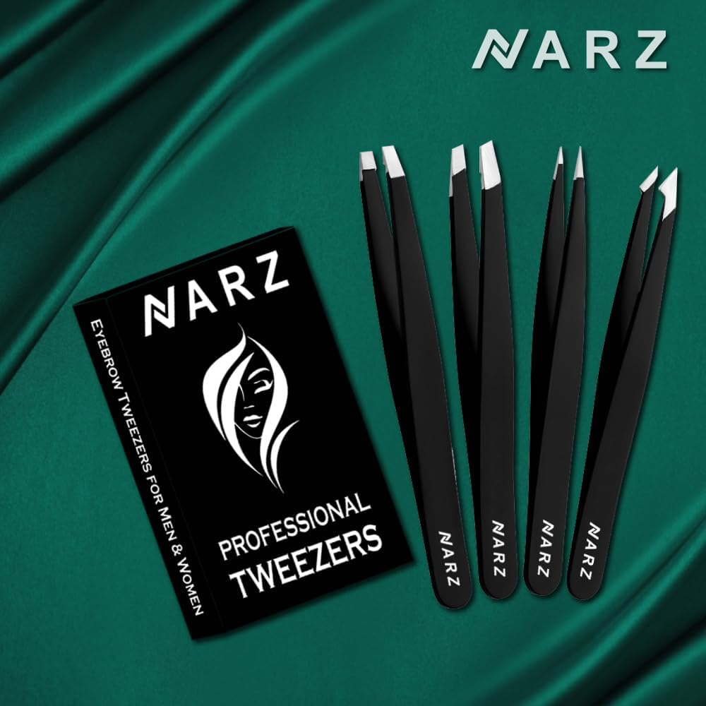 NARZ Stainless Steel Precision Tweezers Set (4 pcs) for Facial & Ingrown Hair Care