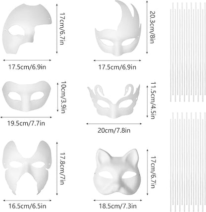 30Pcs White Paper Mache Masks, DIY Paintable Art Cosplay Masks Half Face Party Craft Blank Paper Mask (6 Styles)
