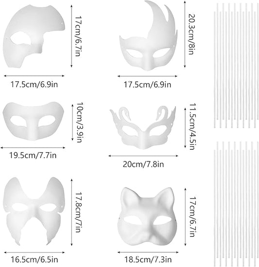 30Pcs White Paper Mache Masks, DIY Paintable Art Cosplay Masks Half Face Party Craft Blank Paper Mask (6 Styles)