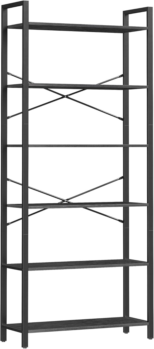 VASAGLE 6-Tier Industrial Bookshelf – Ebony & Ink Black Bookcase for Home & Office 30 x 80 x 186 cm