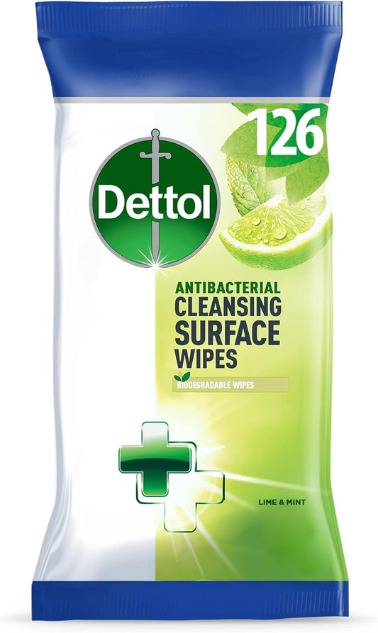 Dettol Antibacterial Lime & Mint Cleaning Wipes - 126 Count | Germ Protection, Fresh Scent, Multi-Surface Use, Convenient for Home, Office, Travel, Hygiene Essentials