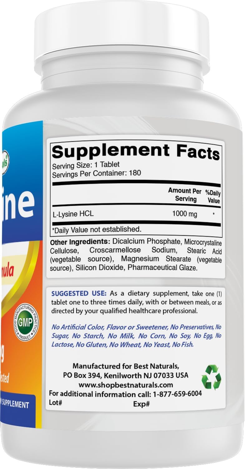 Best Naturals L-Lysine 1000mg – Immune Support Supplement – 180 Tablets