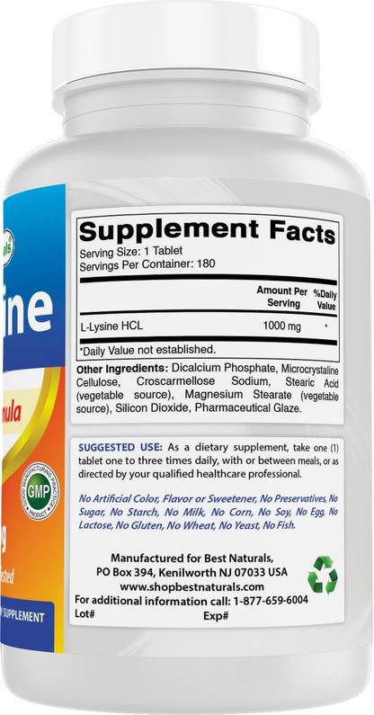 Best Naturals L-Lysine 1000mg – Immune Support Supplement – 180 Tablets