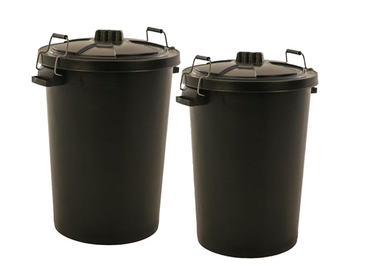 2-Pack Large 90L Black Garden Dustbin - Heavy Duty Plastic Waste Bin with Lid