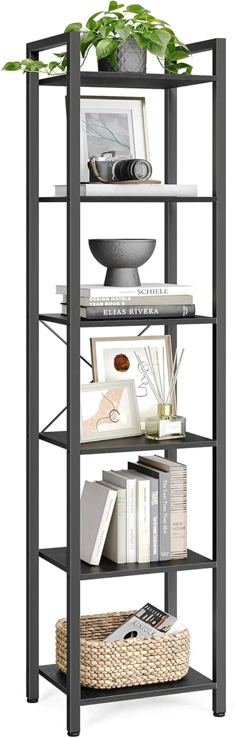 VASAGLE 6-Tier Industrial Bookshelf – Tall Ebony Black Metal Bookcase for Living Room, Office, Bedroom, Study – 30 x 40 x 187.5 cm
