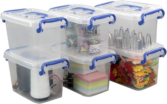 Mini Storage Boxes with Lids, 1.8 L Plastic Transparent Boxes Set of 6