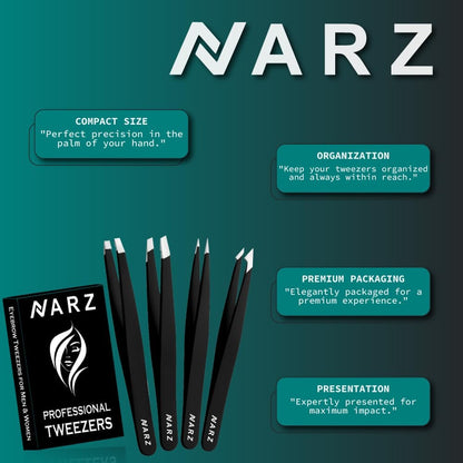 NARZ Stainless Steel Precision Tweezers Set (4 pcs) for Facial & Ingrown Hair Care