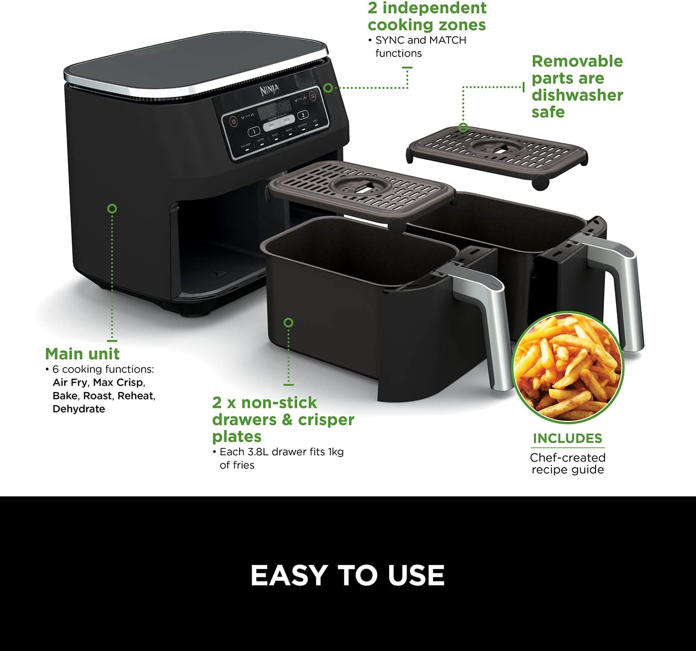 Ninja Dual Zone Air Fryer 7.6L – 6-in-1, No Oil, 2 Drawer, Non-Stick, AF300UK