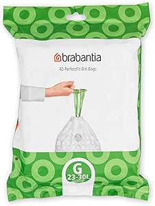 Brabantia PerfectFit Bin Liners (Size G/23-30 Litre) Thick Plastic Trash Bags with Tie Tape Drawstring Handles (40 Bags)