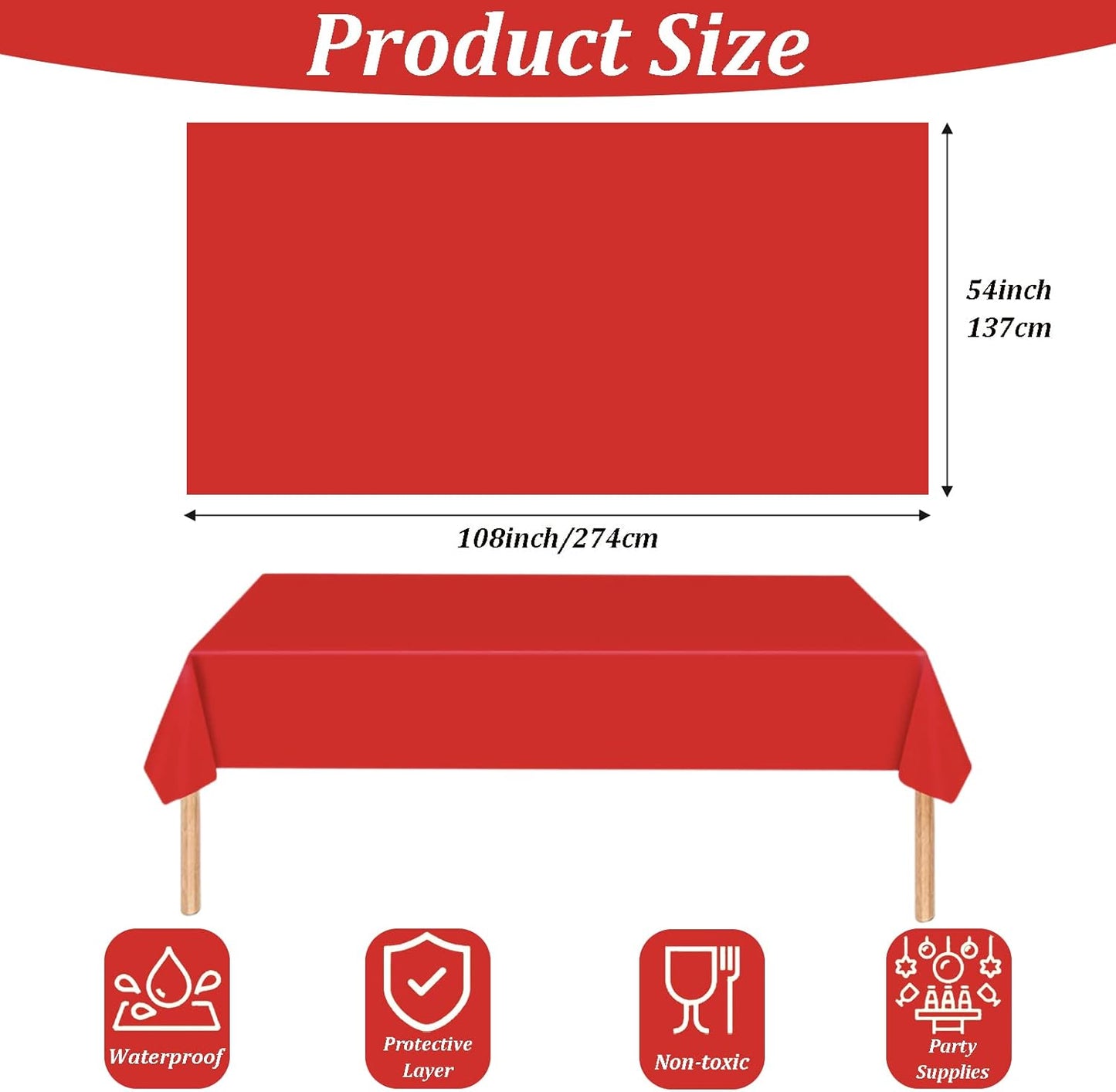 POPOYU Red TableCloth Table Covers 54 x 108 Inch Rectangle Party Tablecloth Red Plastic Table Cloths for Tables Indoor or Outdoor Birthday Party, Wedding, Reception, Baby Showers