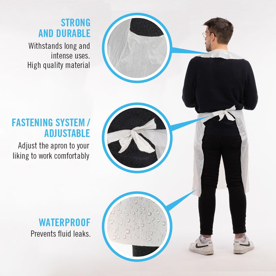 Areso | Disposable Plastic Aprons for Adults Pack of 100 units, Waterproof and Durable White Apron on a roll for Kitchen or Cleaners