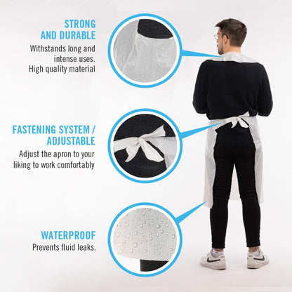 Areso | Disposable Plastic Aprons for Adults Pack of 100 units, Waterproof and Durable White Apron on a roll for Kitchen or Cleaners