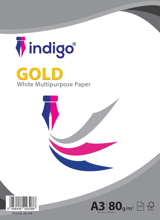 Indigo® A3 White Multipurpose Copier Paper – 80gsm, Ideal for Printing, Copying & Office Use (100 Sheets)