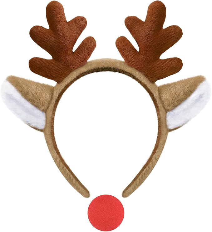 Reindeer Antlers, Christmas Headbands Animal Ears Hairband with Red Nose Halloween Deer Headwear Festive Cosplay Party for Adults Women Girl Kids, Brown