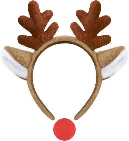 Reindeer Antlers, Christmas Headbands Animal Ears Hairband with Red Nose Halloween Deer Headwear Festive Cosplay Party for Adults Women Girl Kids, Brown