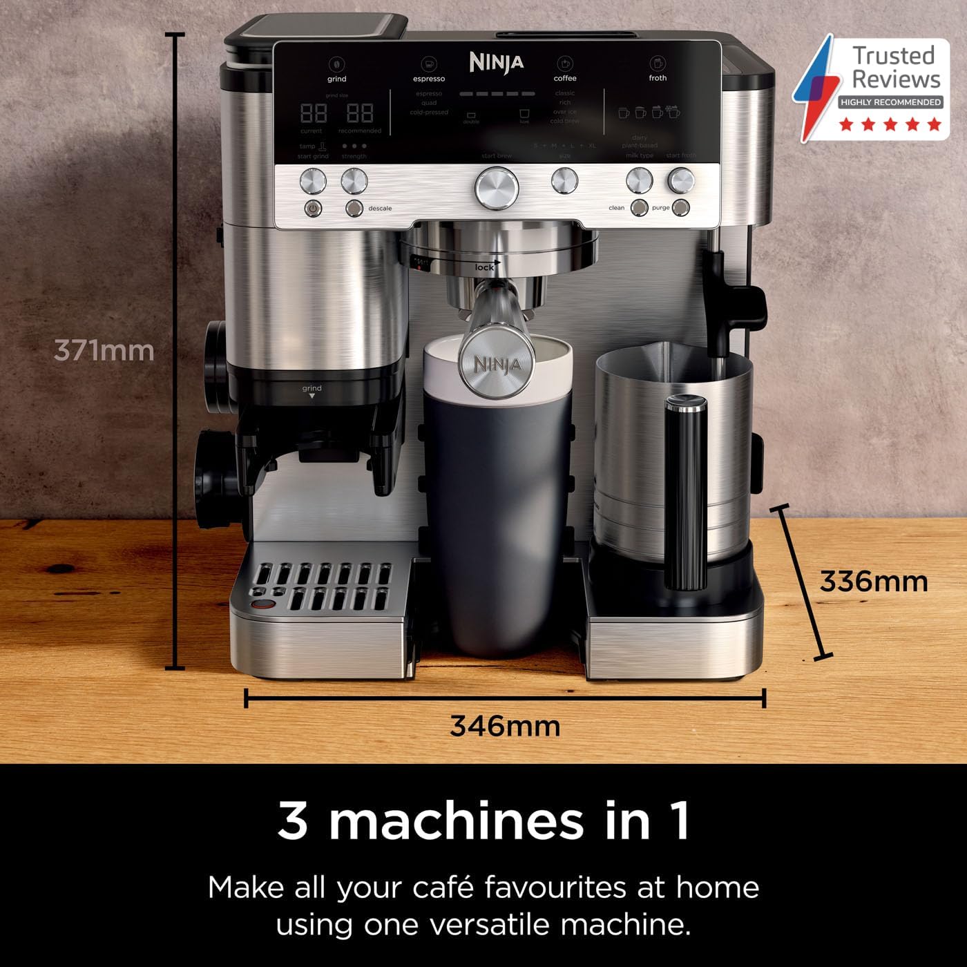 Ninja Luxe 3-in-1 Coffee Machine with Grinder & Frother – Espresso, Latte, Cappuccino & Cold Brew