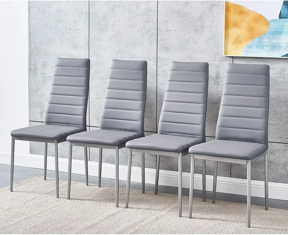 Set of 4 Modern Grey Dining Chairs – Faux Leather Upholstered Kitchen Chairs with Sturdy Metal Legs