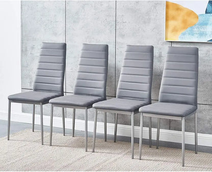 Set of 4 Modern Grey Dining Chairs – Faux Leather Upholstered Kitchen Chairs with Sturdy Metal Legs