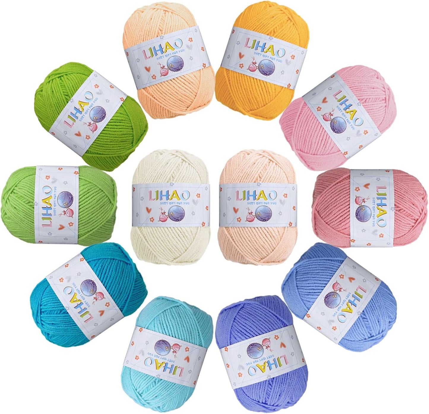 LIHAO 12 x 50g Acrylic Yarn for Knitting, Crochet Yarn Set for Crafts Multicolor Yarn Skeins, Ideal for Beginners Adults Kids Crafts